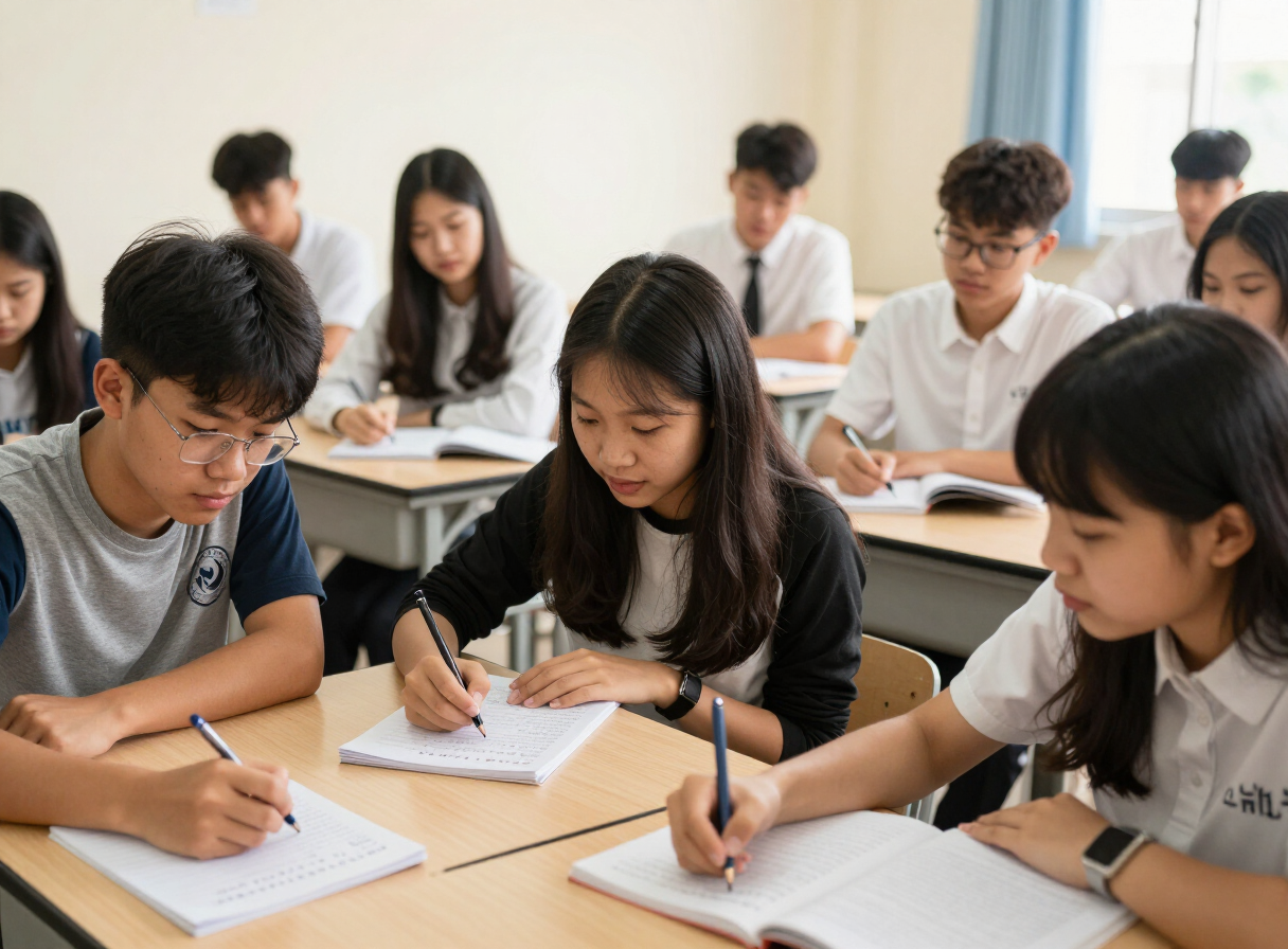 Vietnamese students practicing language together in class