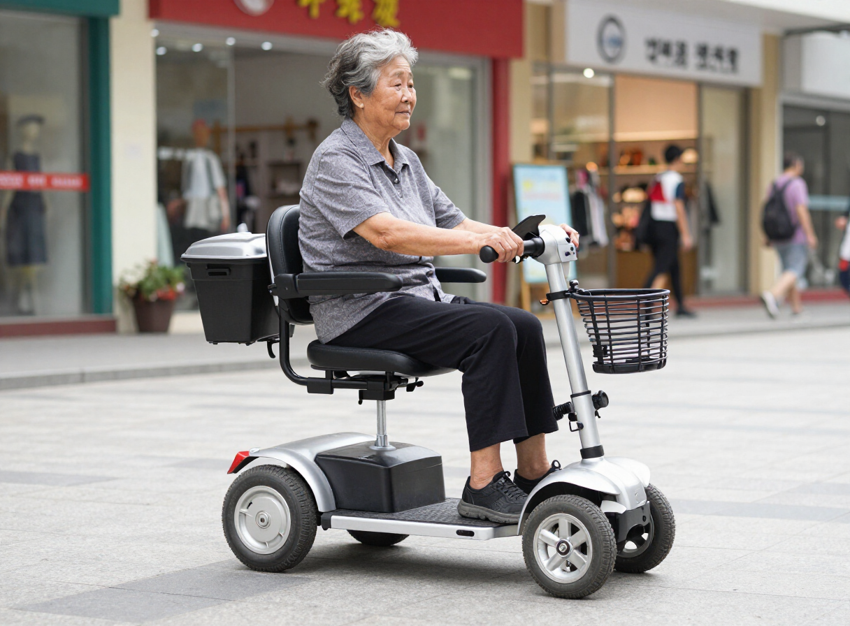 Older Korean woman using a silver folding mobility scooter in a shopping plaza