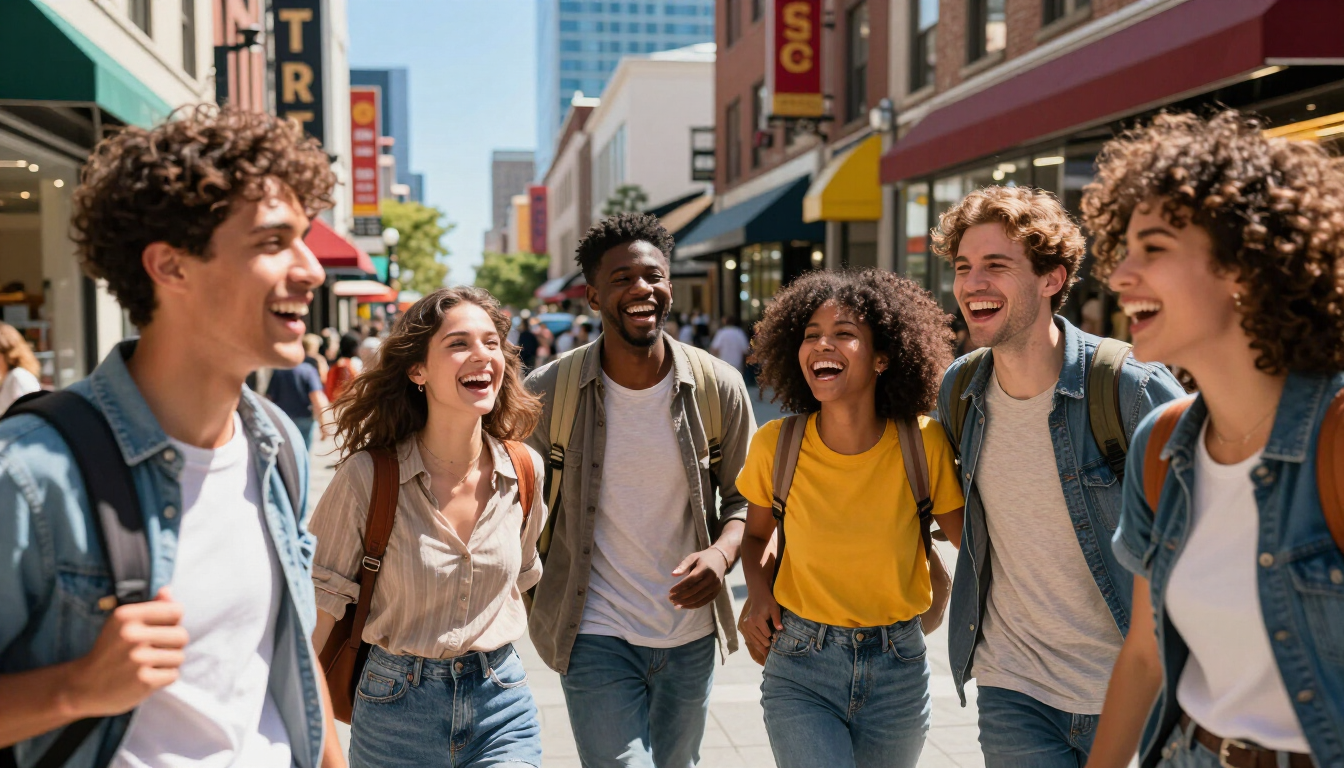 friends laughing while shopping downtown