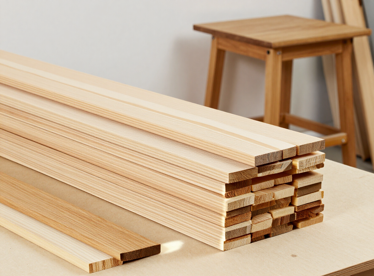 A stack of clean pine lumber boards and a few oak boards arranged on a workbench in a bright workshop, a simple handmade pine side table in the background