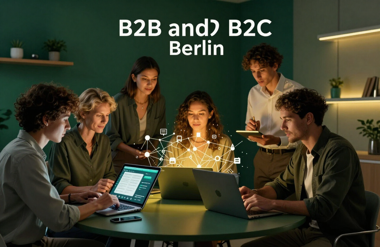 Professionals collaborating around digital commerce platforms on a tablet and laptop