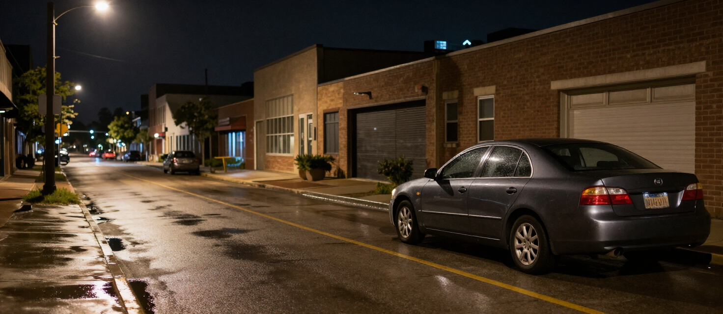 Empty Kansas City street at night under streetlights with a parked sedan and wet asphalt