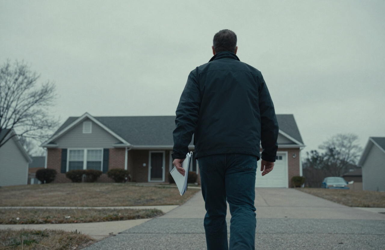 Field investigator walking up the driveway of a suburban house under an overcast sky