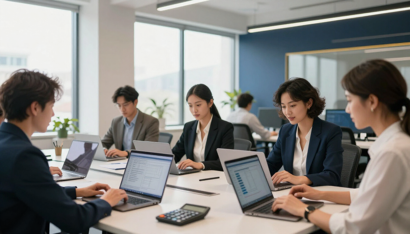 The CalcWisee team collaborating in a modern office with laptops, charts and calculators