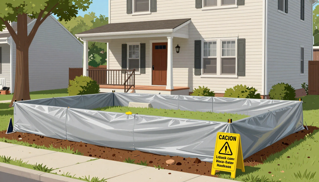 Illustrative lead-safe containment setup around an older Englewood NJ home exterior with plastic sheeting and caution signage