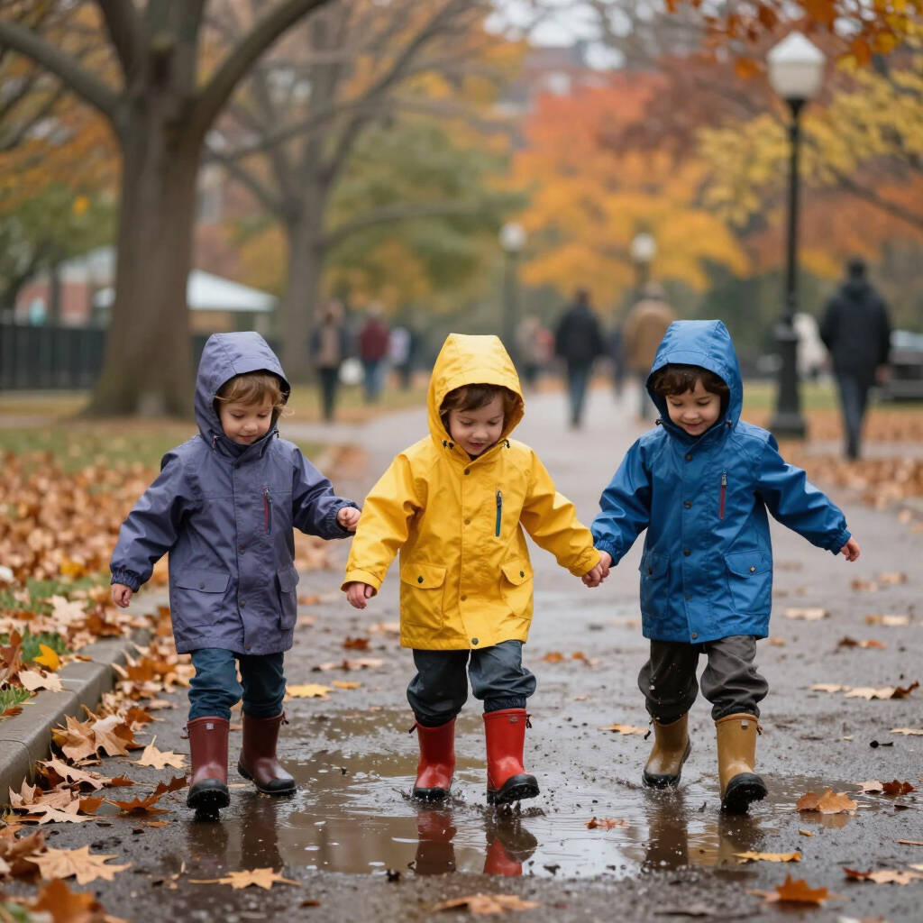 Toddlers jumping in a puddle in raincoats