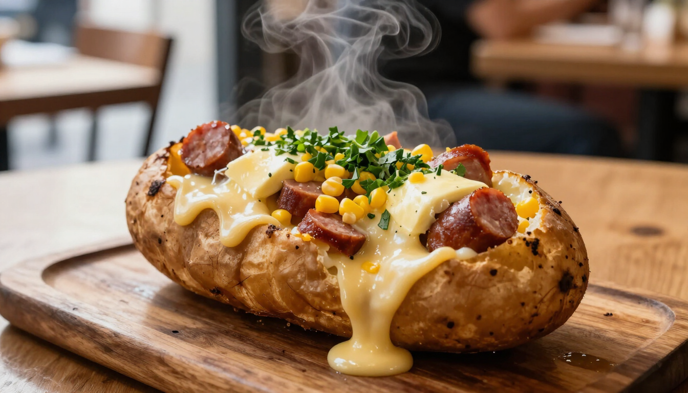 Kumpir gigante recién horneado de Papas Sitio