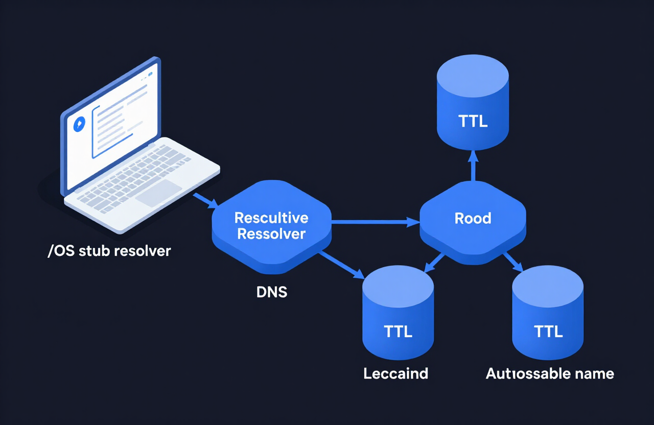 Conceptual diagram of the DNS resolution path and caching layers from stub resolver through recursive resolver to root, TLD, and authoritative servers