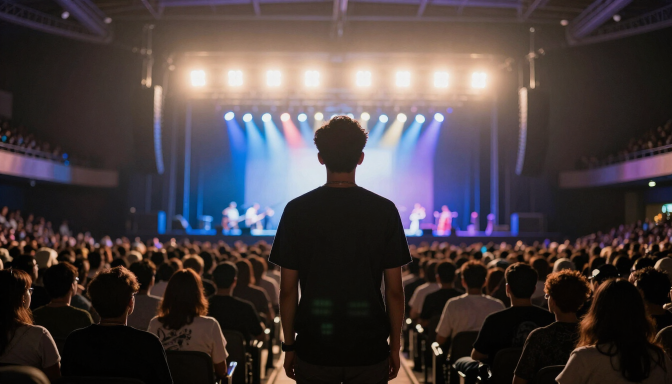 Solo concertgoer standing in a lit arena crowd facing a brightly illuminated stage.