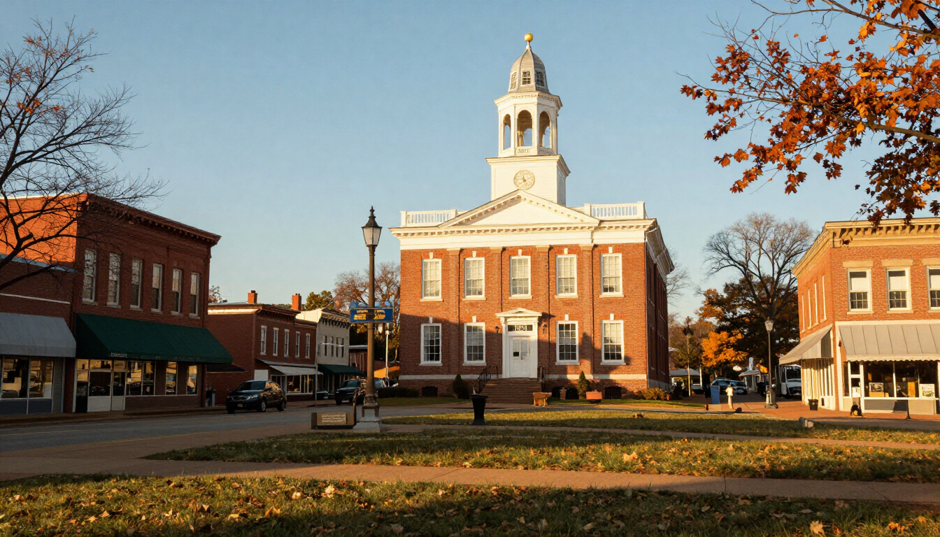 Independence Missouri historic town square with brick courthouse and shops