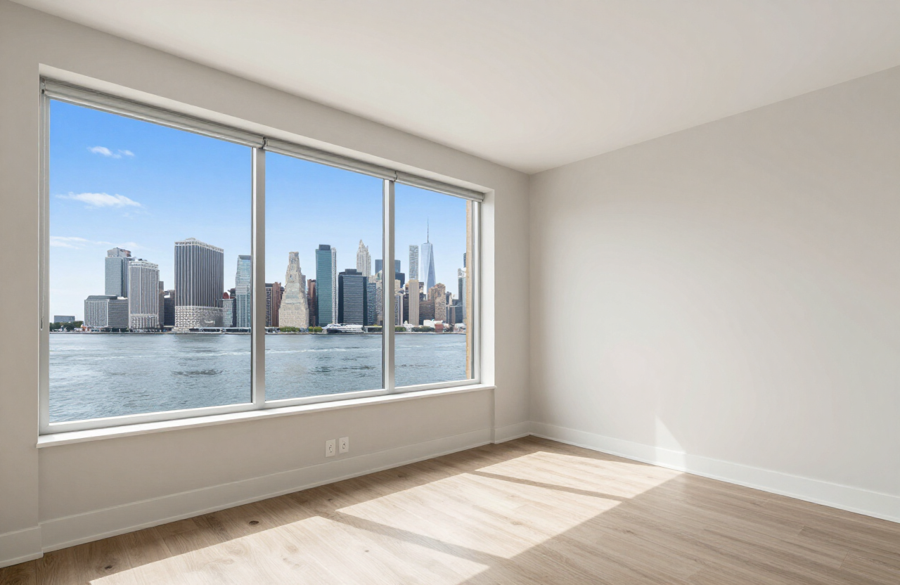 Waterfront condo interior in Weehawken NJ with floor-to-ceiling windows and NYC Manhattan skyline views