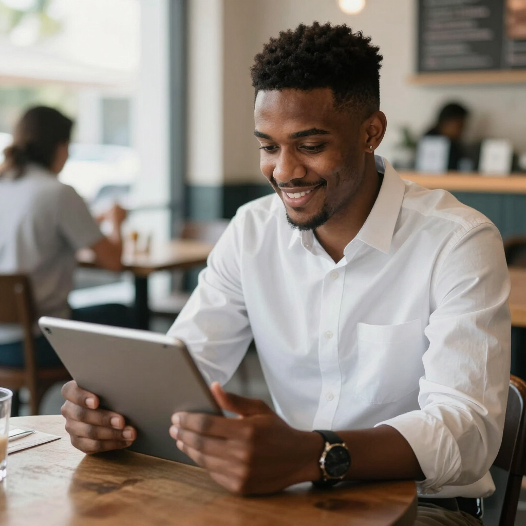 A job candidate reviewing his resume on a tablet