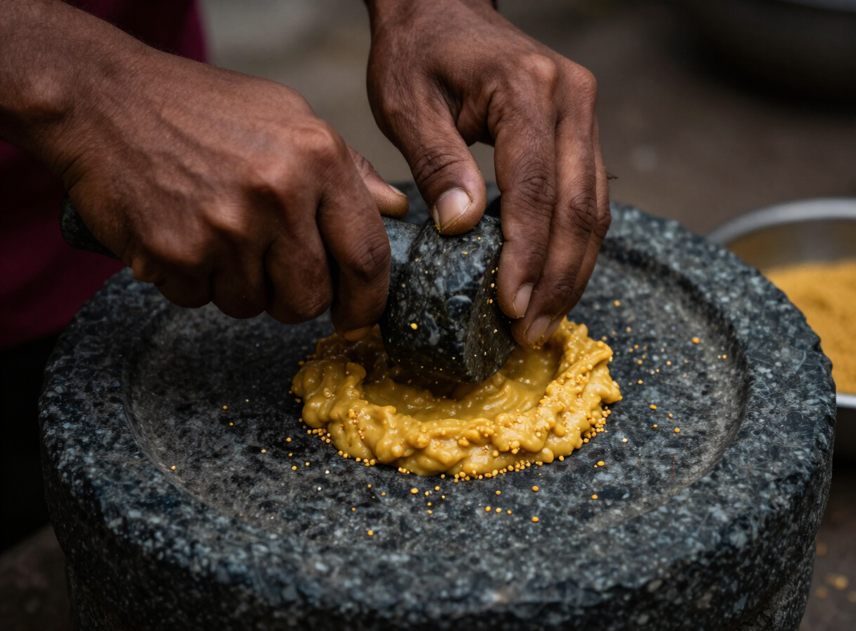 Mustard paste ground by hand on a shil nora stone
