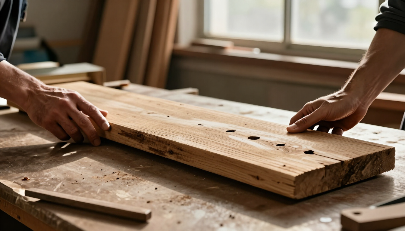 A woodworker's hands inspecting a weathered reclaimed wood board with old nail holes and natural aging on a workbench at golden hour