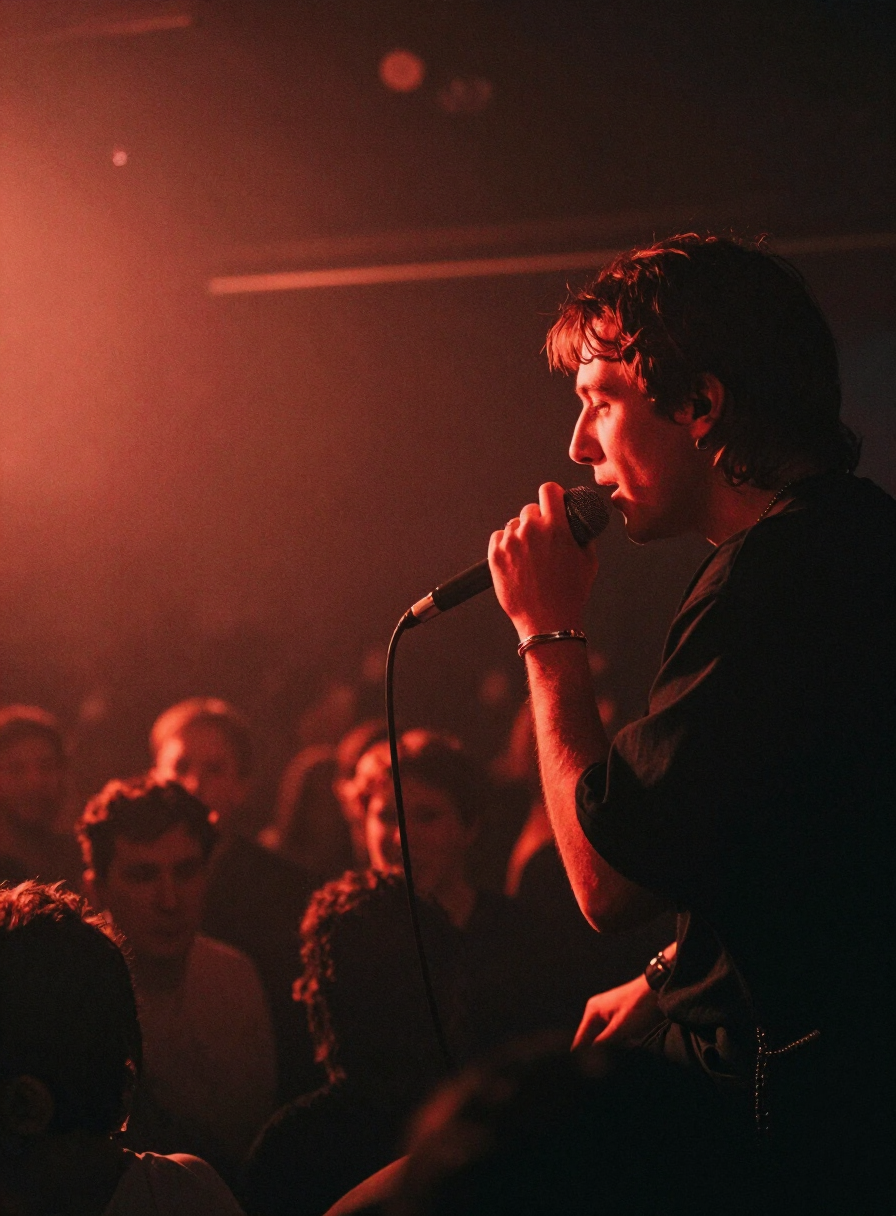 Vocalist leaning into a microphone under hard red light in a hazy Berlin club