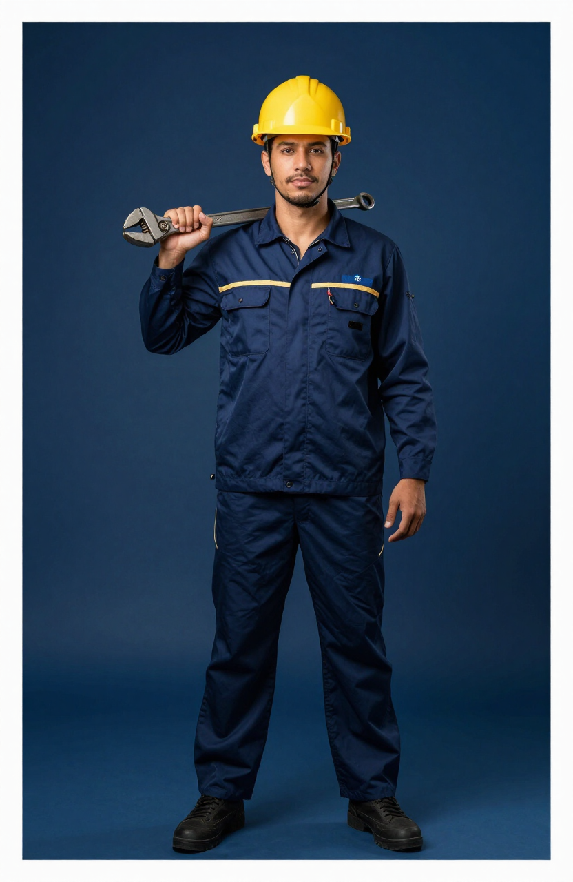 Técnico da Fortis Manutenção em uniforme azul-marinho e capacete amarelo, segurando uma chave de tubo industrial