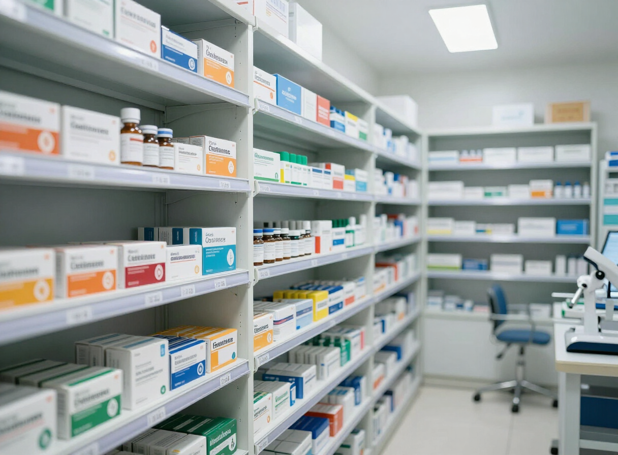 Prateleiras organizadas com medicamentos e suprimentos veterinários