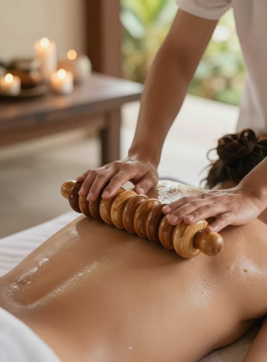 Maderotherapy wooden rollers used along a guest’s oiled back in a Bali villa spa setting