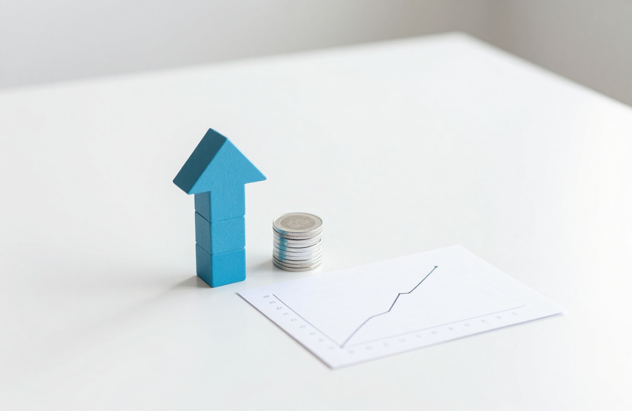 Composizione minimalista su scrivania bianca con freccia geometrica cerulea ascendente, pila di monete e grafico a linea in rialzo, a rappresentare il costo del denaro e la resilienza finanziaria delle imprese
