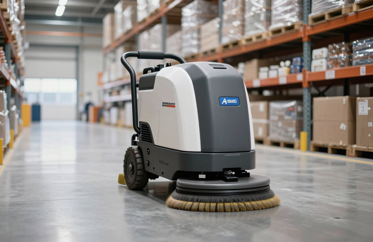 Vloerspecialist van SULANTIS met schrobmachine in een bedrijfshal