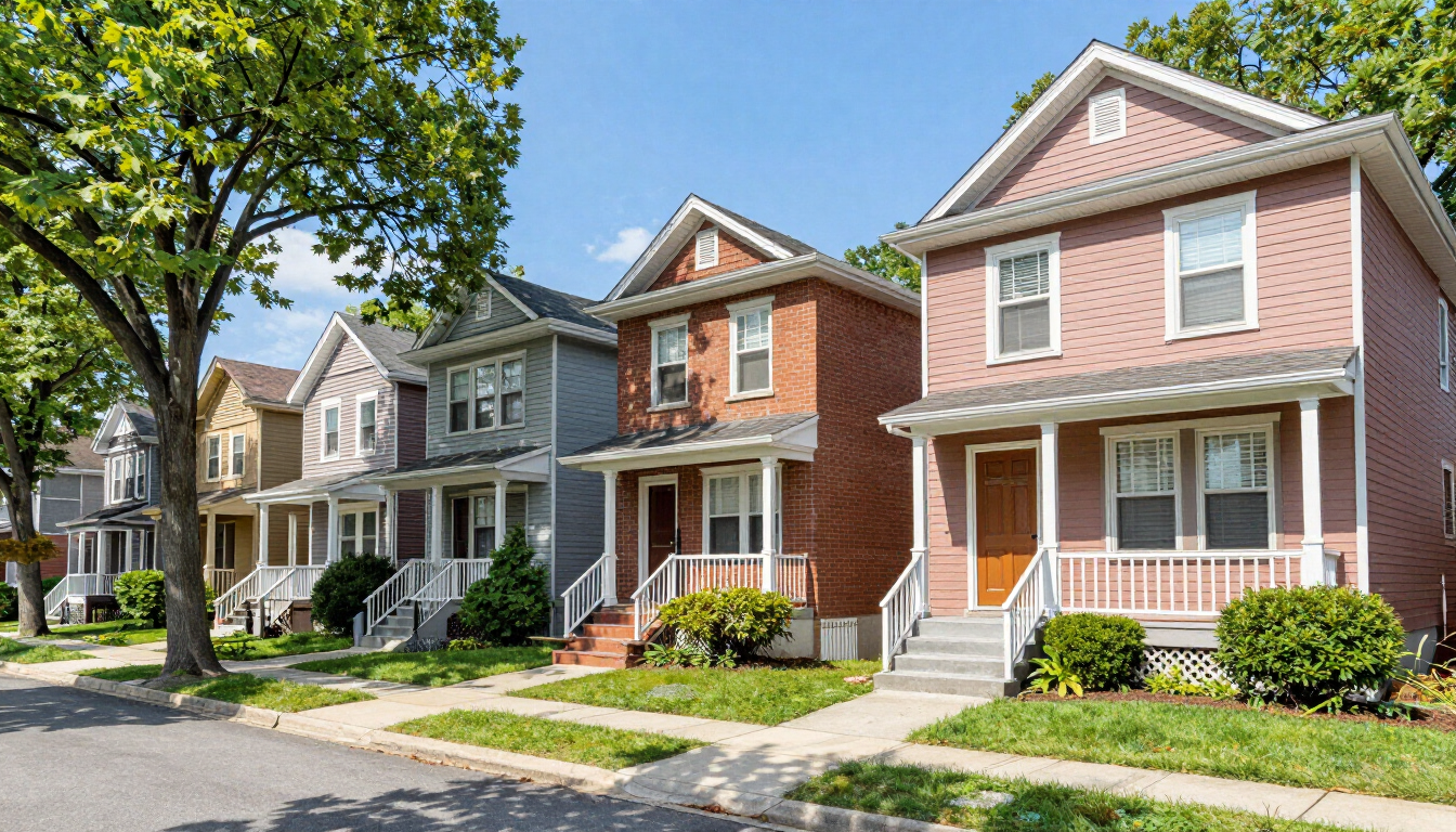 East Rutherford NJ rental neighborhood street with multiple two-family homes near the Meadowlands