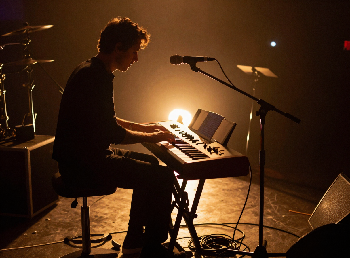 Keyboardist surrounded by cables and warm tungsten light in a dark venue