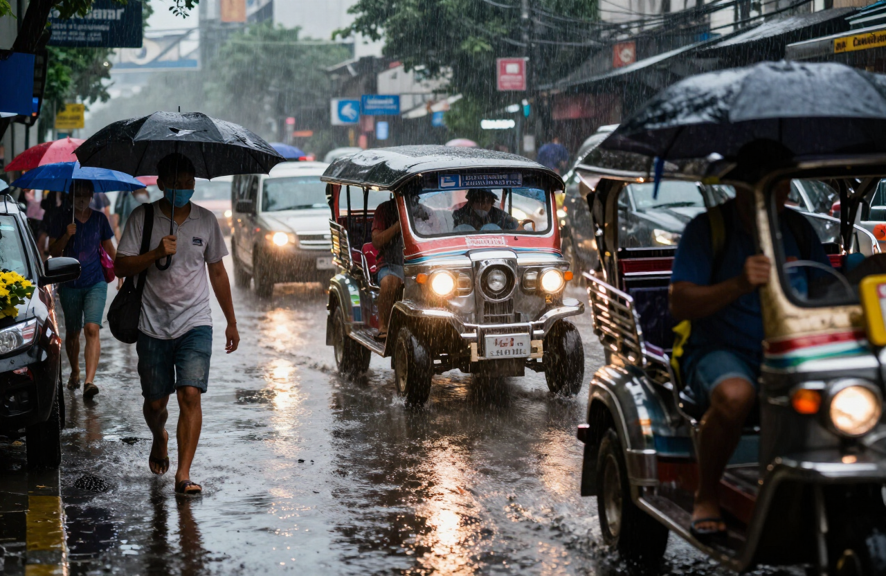 Commuters navigate a flooded street in Manila during a monsoon downpour. PAGASA expects above-normal rainfall through the end of the year.