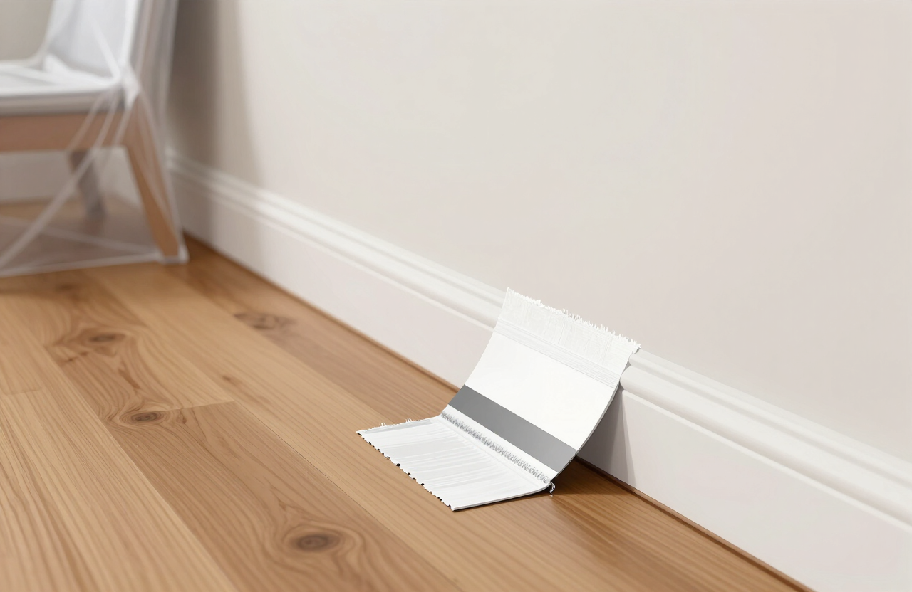 Illustrative painter cutting in crisp white baseboard trim in a Fort Lee NJ high-rise condo unit