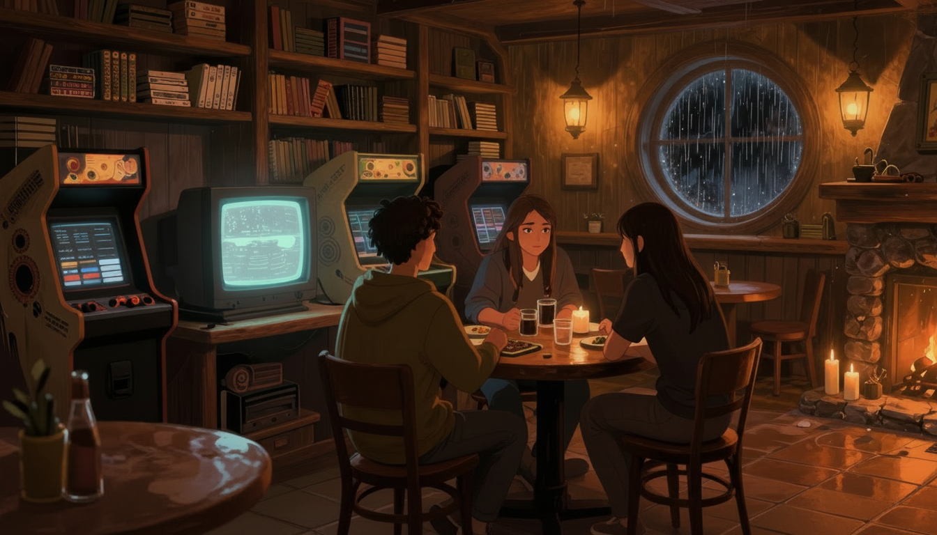 A cozy firelit library where friends gather around a glowing television