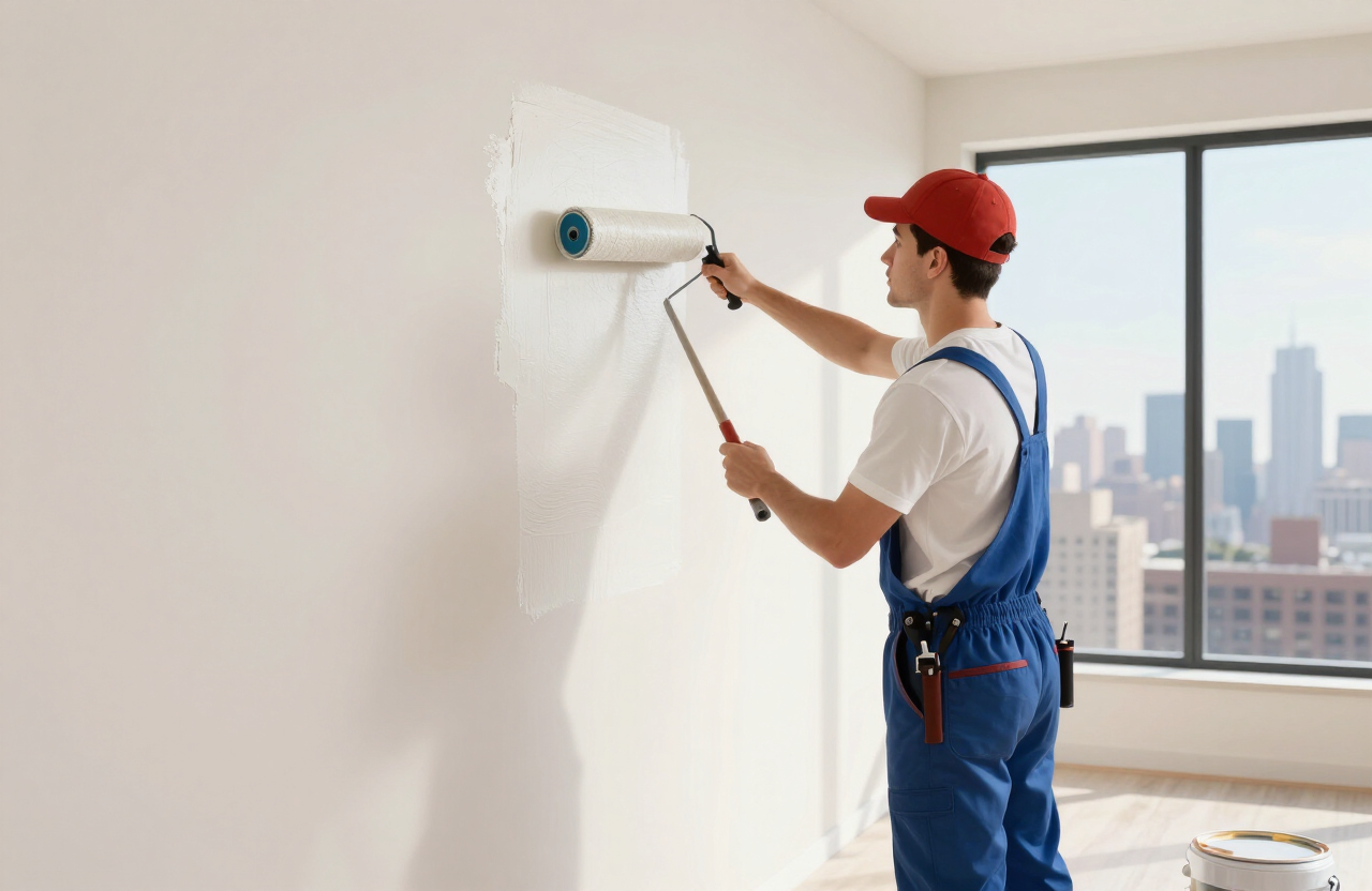 Illustrative painter rolling fresh premium paint onto a drywall wall in a bright Fort Lee NJ luxury apartment