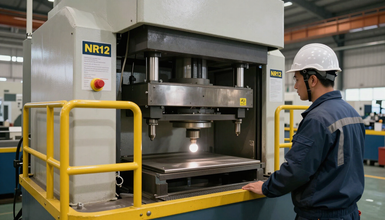Técnico realizando inspeção de segurança em prensa hidráulica industrial com proteções conforme NR12