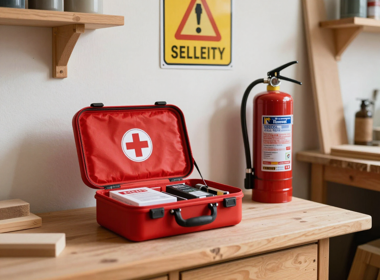 A well-stocked red first-aid kit open on a workbench beside a fire extinguisher in a tidy woodworking workshop, safety signage on the wall behind