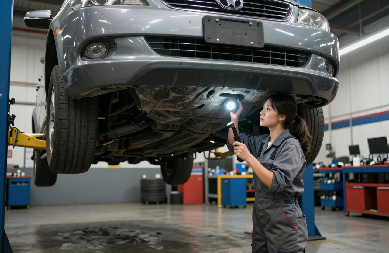 A mechanic inspecting the underside of a raised used car with a flashlight in a repair shop