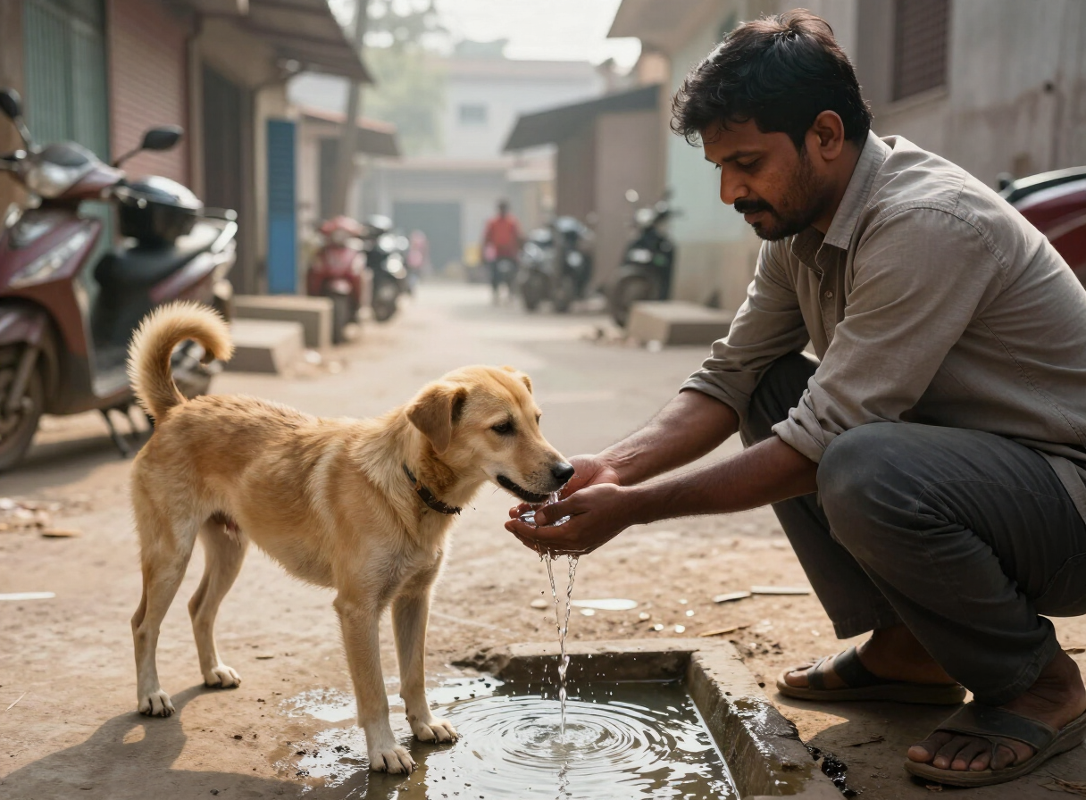 A community member offering water to a street dog