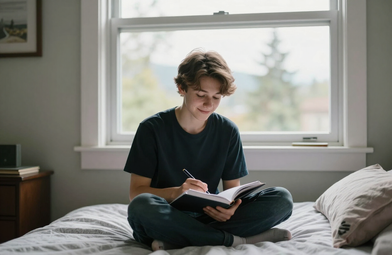 A quiet, supportive space where a teen can take time before talking, with soft seating and calm natural light.