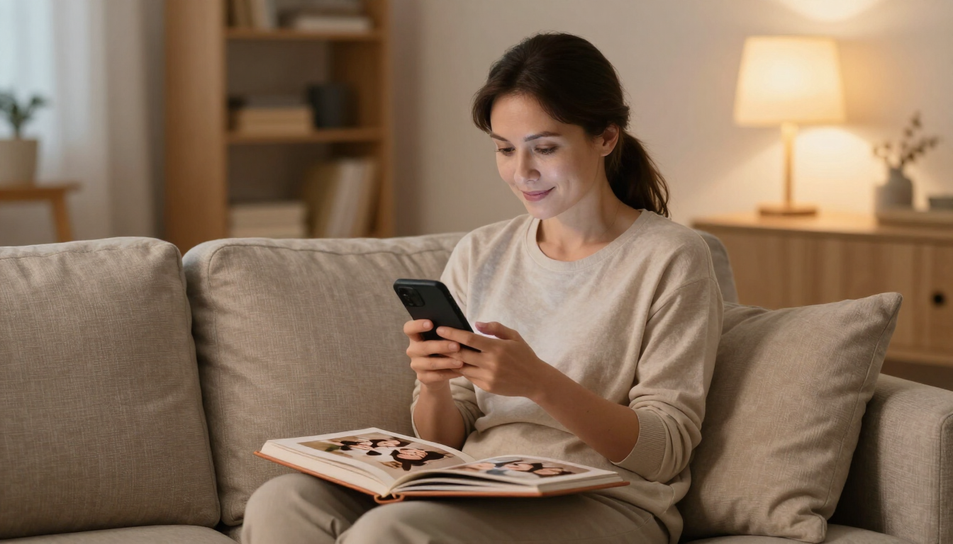 Mutter sitzt abends auf der Couch, blättert mit sanftem Lächeln durch alte Familienfotos auf dem Smartphone und ein offenes Fotoalbum auf dem Schoß – Kindheit rückwirkend festhalten Mutter sitzt abends auf der Couch, blättert mit sanftem Lächeln durch alte Familienfotos auf dem Smartphone und ein offenes Fotoalbum auf dem Schoß – Kindheit rückwirkend festhalten
