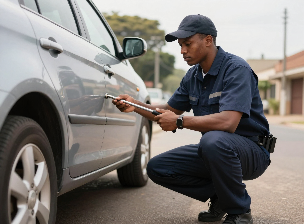 Locksmith opening a locked vehicle door at the roadside