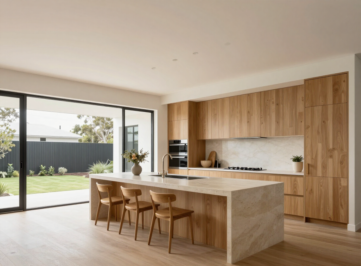 Light-filled kitchen with a stone island and warm timber cabinetry