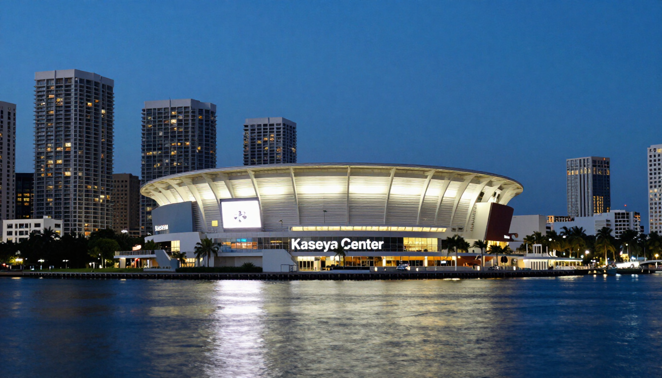 Kaseya Center arena lit up at dusk on Biscayne Bay with the downtown Miami skyline behind it.