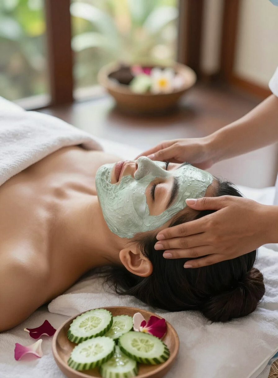 Gentle face acupressure during a Balinese massage in a serene Bali villa spa room
