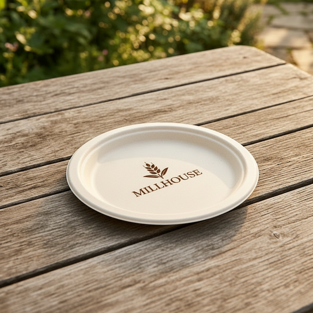 Contoh laser engraving logo dengan ikon pada piring bagasse