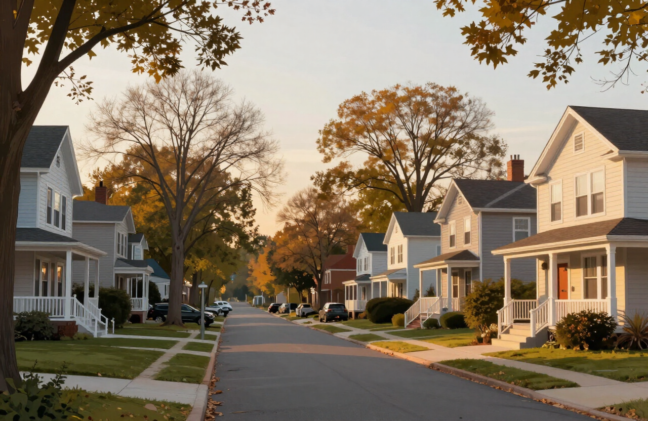 Illustrative image of a quiet Bergen County residential avenue with a mix of older single-family homes and small multifamily properties — not a specific Maywood project