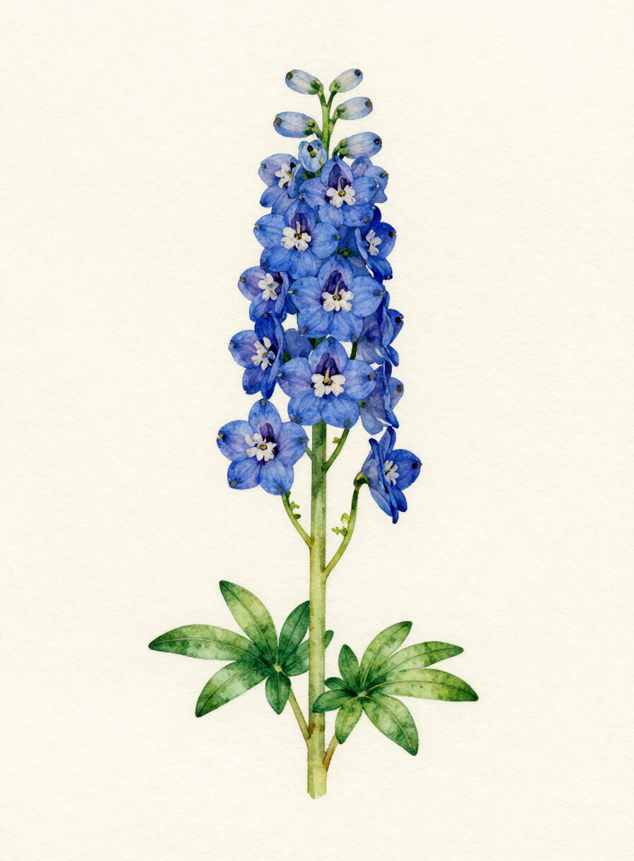 Watercolor painting of a deep blue Delphinium