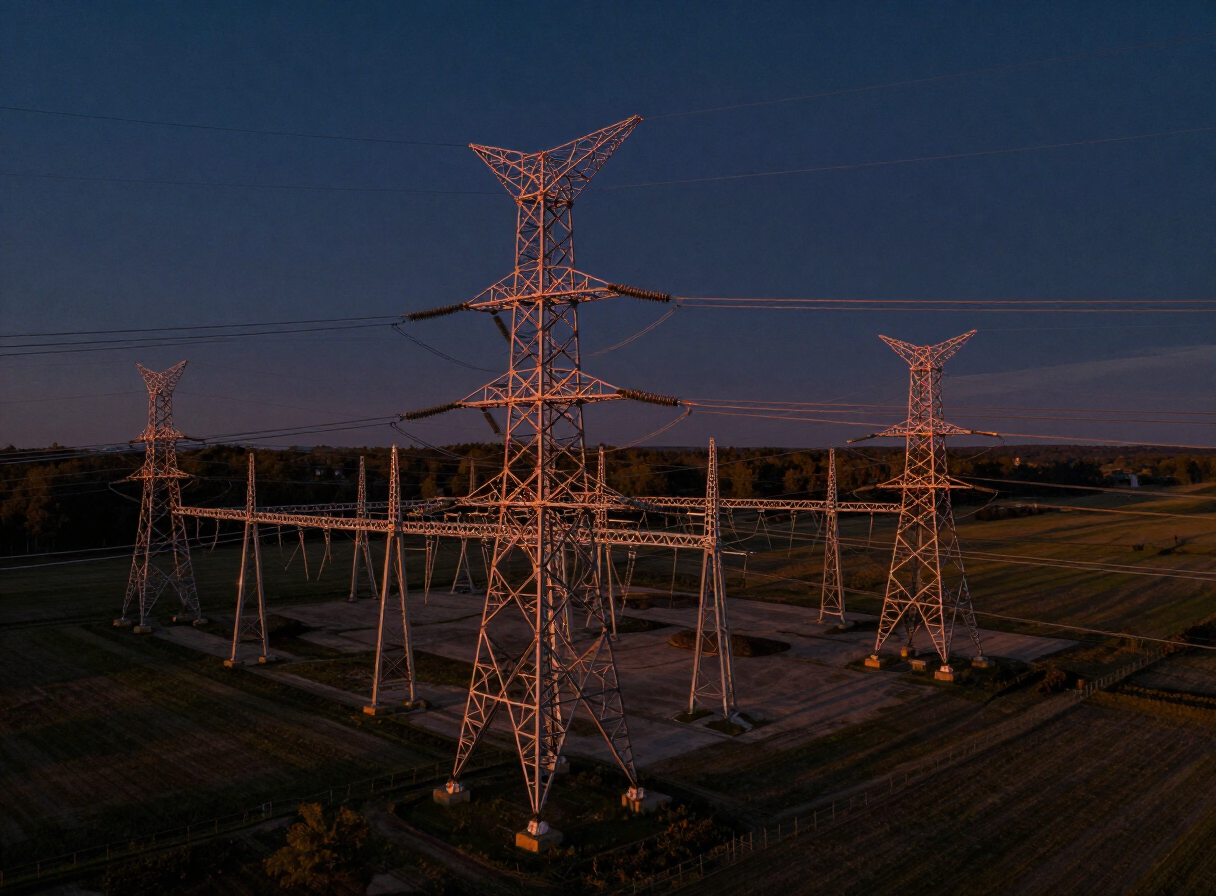 Aerial view of electrical transmission lines and grid infrastructure crossing a rural landscape at dusk