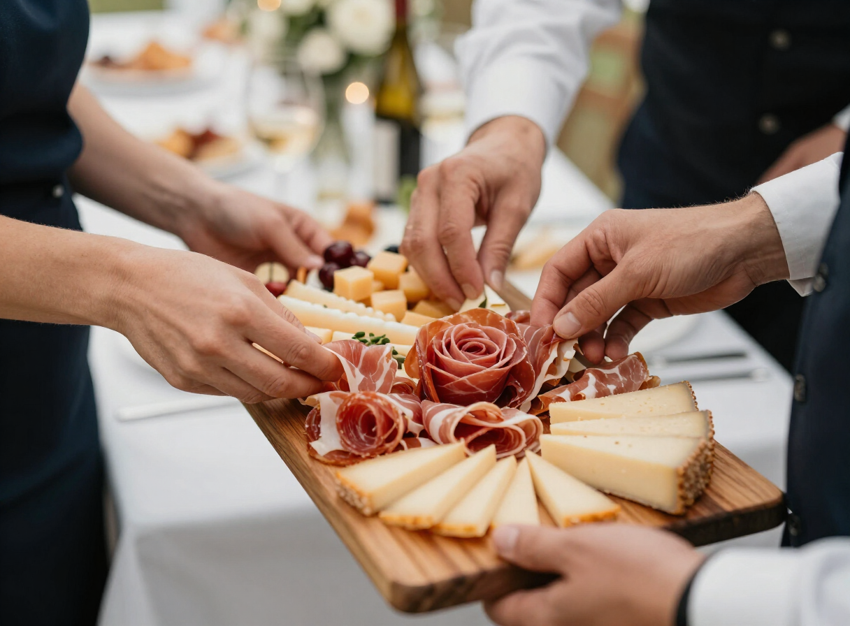 Anrichten einer Käse- und Schinkenplatte bei einer Hochzeit in Niederösterreich
