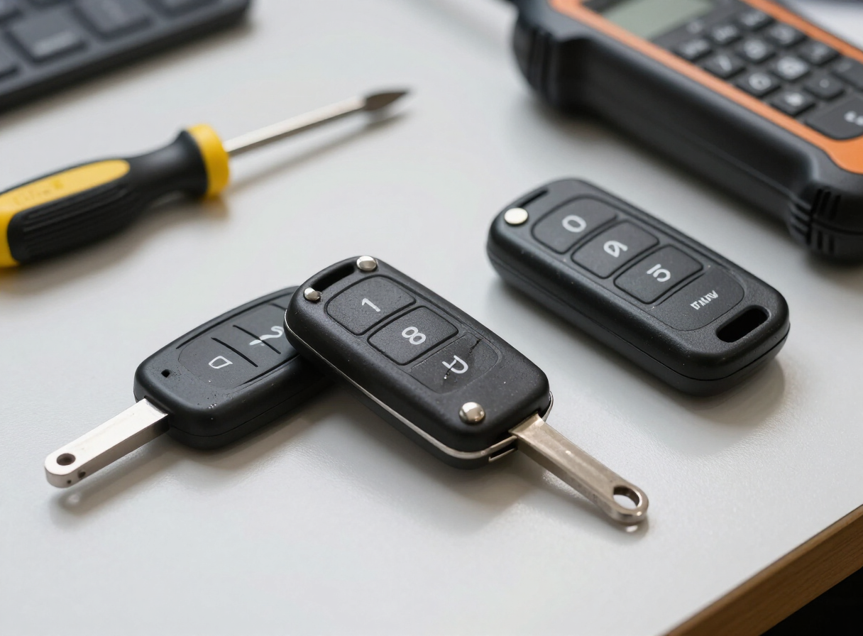 Broken car flip key being repaired with a replacement key shell