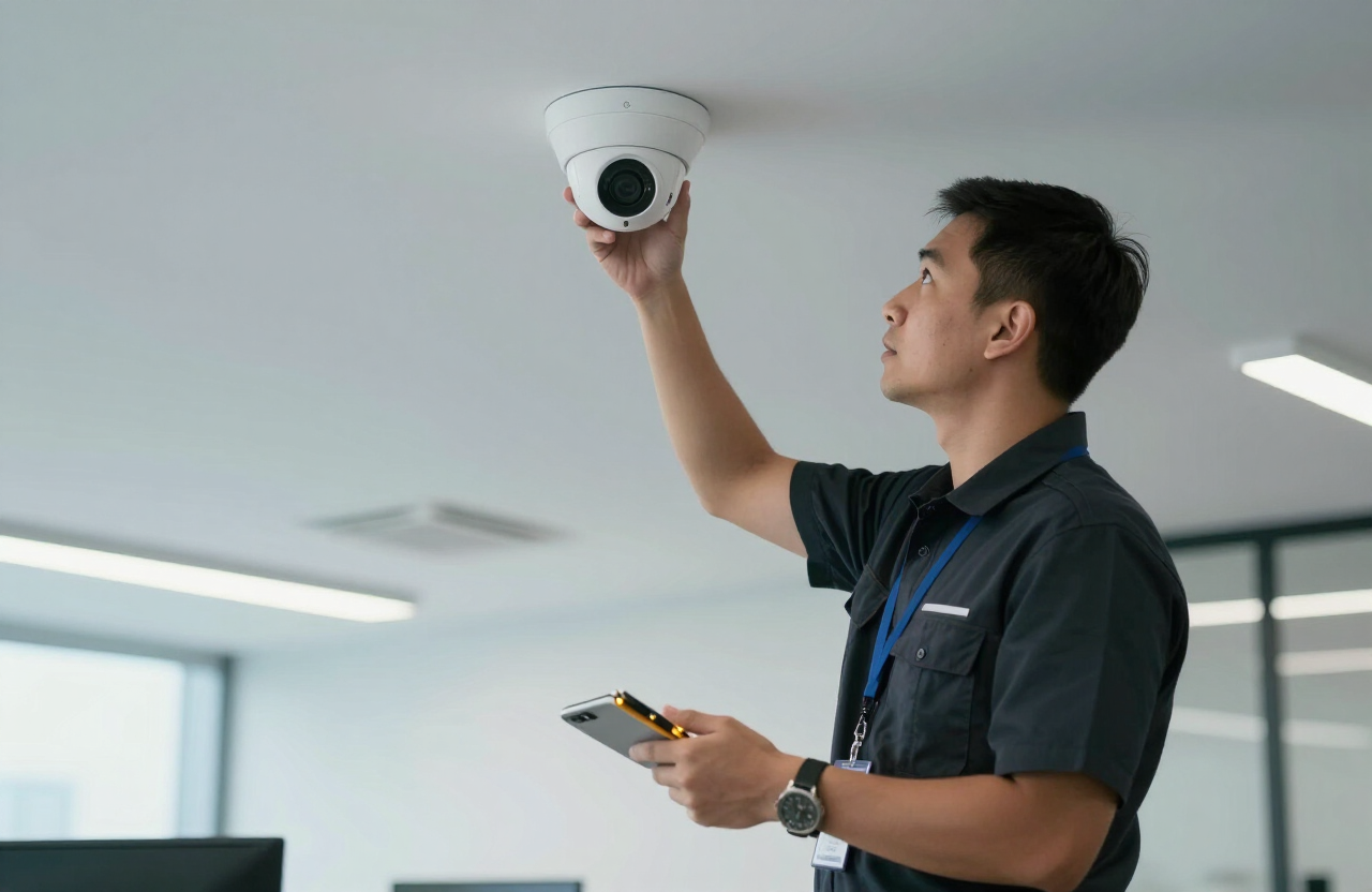 Technician installing a dome CCTV camera on an office ceiling in Malaysia