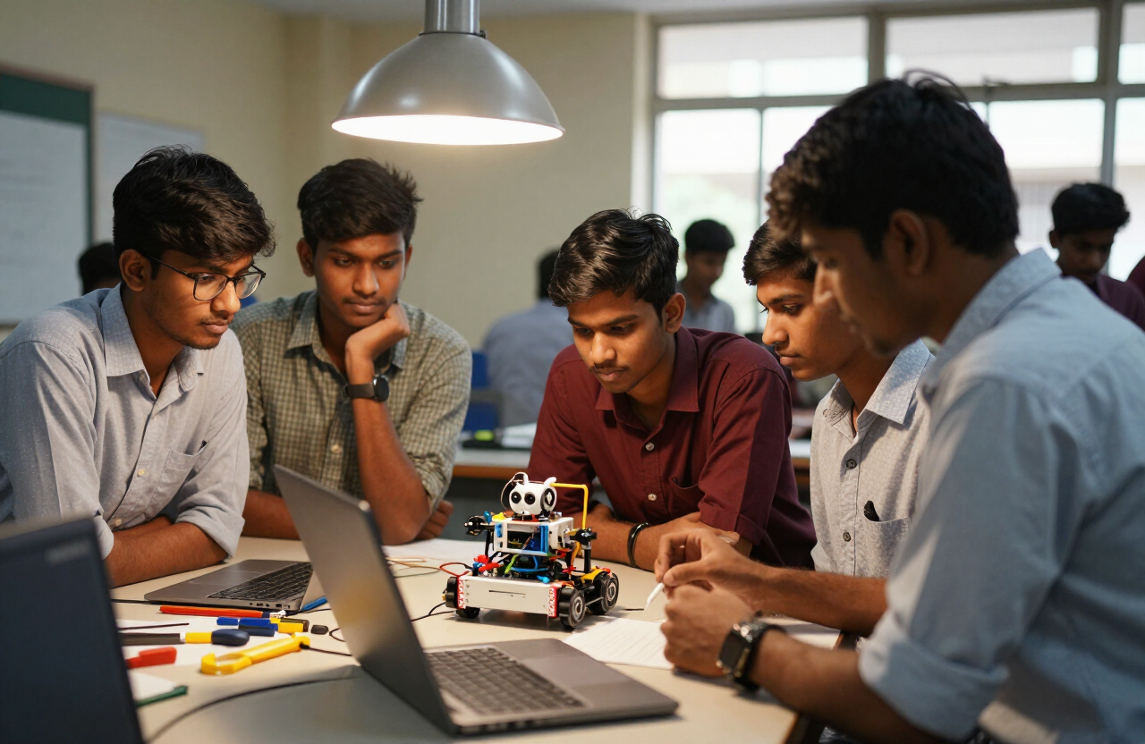 Student team reviewing a robotics prototype at a Tamil Nadu showcase