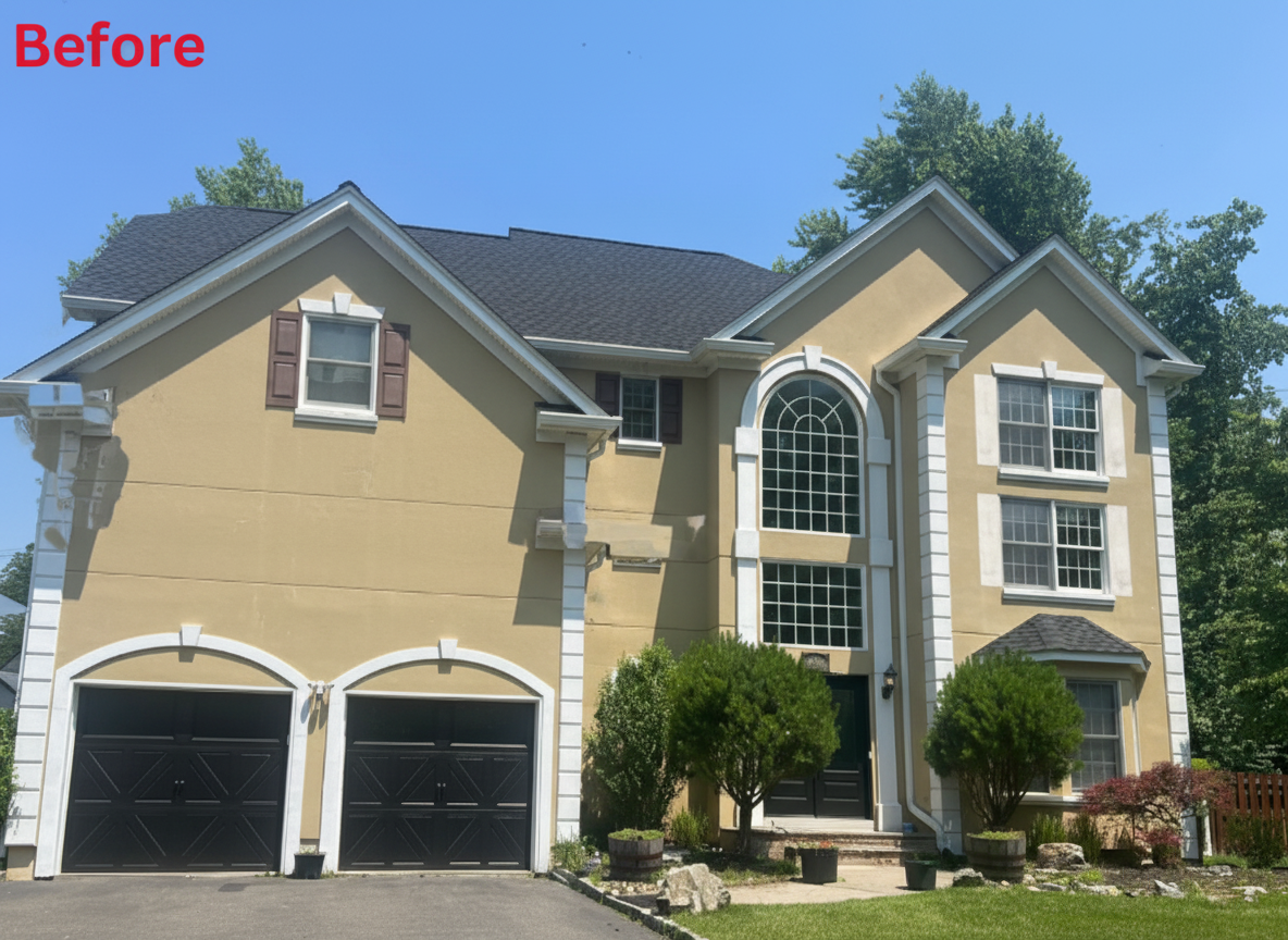 Fort Lee colonial home before exterior painting - dated tan stucco exterior