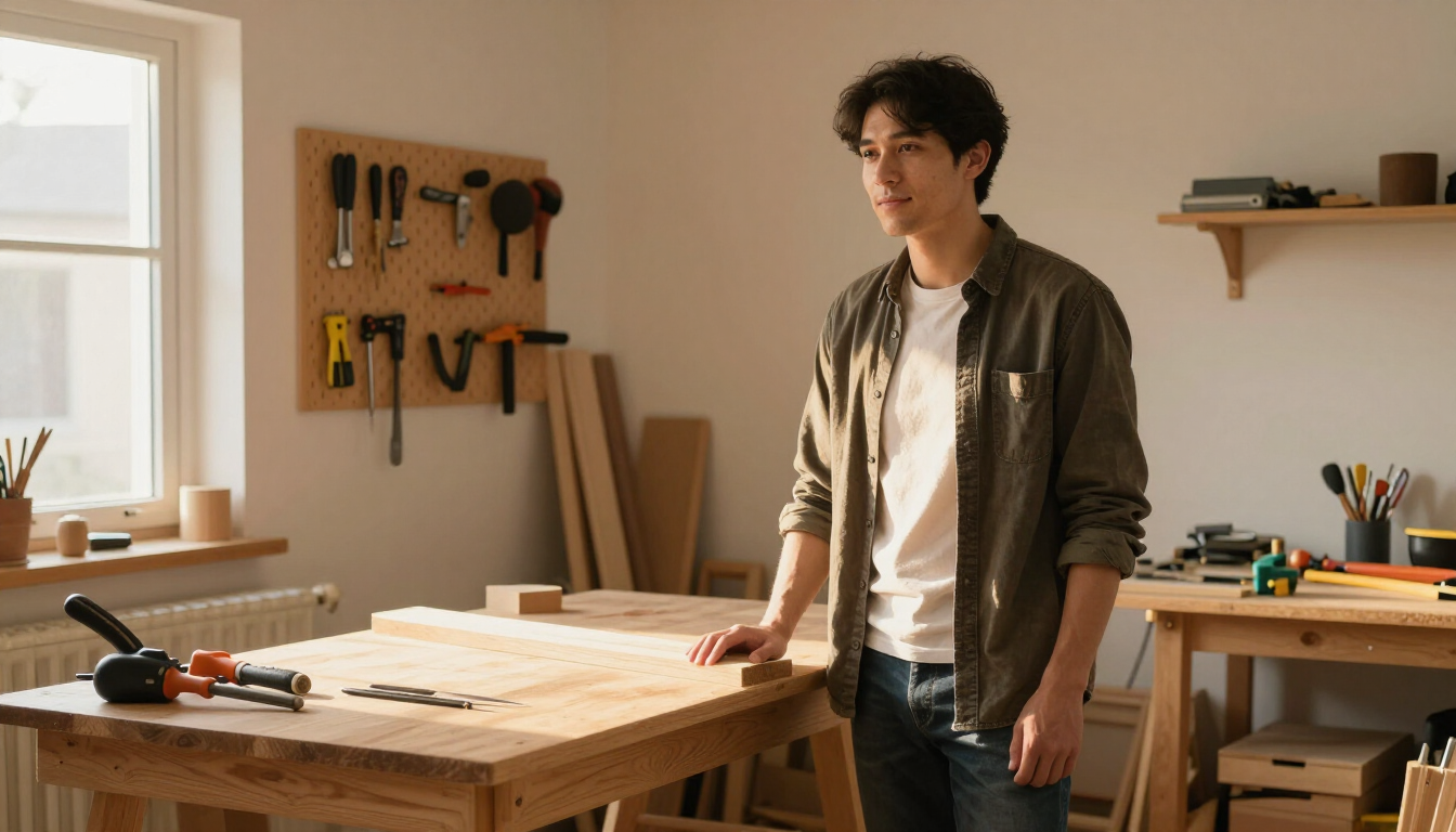 A beginner woodworker standing in a small, tidy home workshop at golden hour, warm light streaming through a window, hand resting on a simple homemade workbench with a few basic tools organized on a pegboard behind
